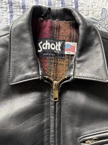 Schott 681 Leather Single Rider Jacket Size 44 Black Collar Flannel Tartan Lined image 9
