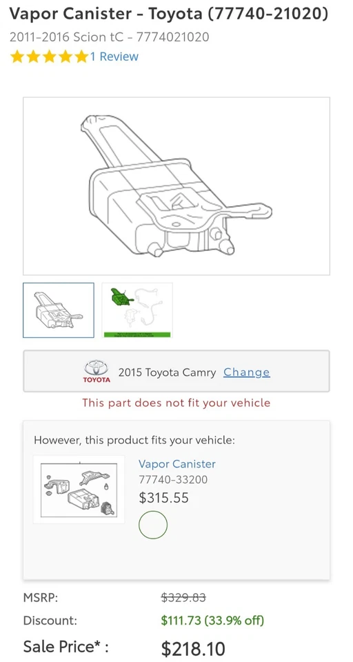 丰田 Scion Tc 2011 - 2016 全新蒸汽罐 丰田 (77740 - 21020) 同日发货 — 第 3/4 张图片