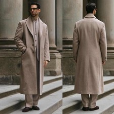 Mens Wool Blend Men Long Overcoat Single Breasted Vintage Winter Business Jacket