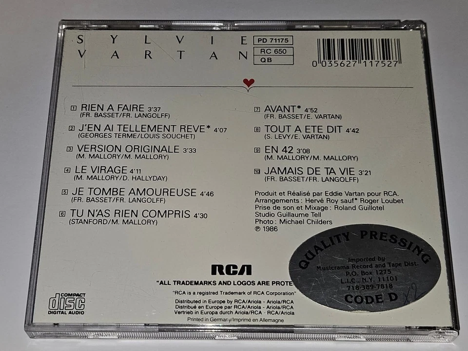 Sylvie Vartan "Virage" CD 10 Songs 1986 RCA Records *Free Shipping* RARE Foto 3 de 4