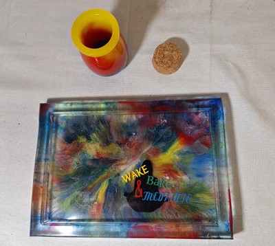 Wake & Bake Lrg. Tray and Stash Jar in Black with Primary Colors.
