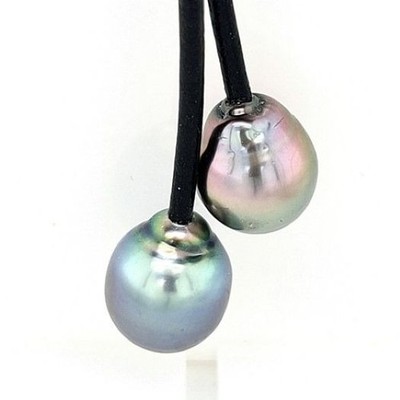 Two colorful teardrop Tahitian pearls on leather with sterling silver clasp