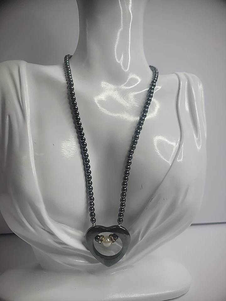 Collar de cuentas de acero inoxidable vintage colgante de corazón joyería con cuentas de cristal Foto 2 de 4