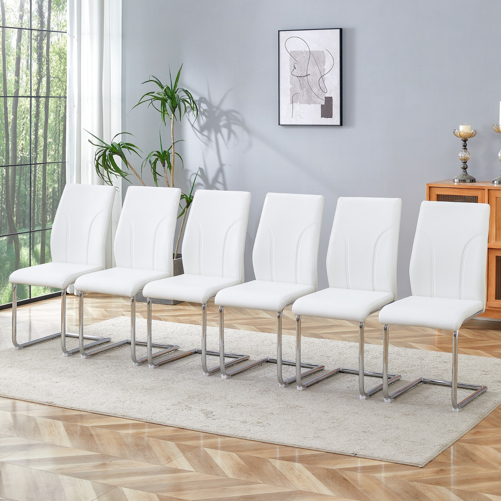 S Set Of 6 Side Chair Leather High Back Padded Metal Leg