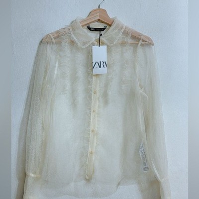 Zara Elegant Sheer Blouse in Cream SIZE M NwT