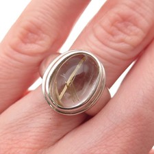 925 Sterling Silver Vintage Real Rutilated Quartz Modernist Ring Size 6