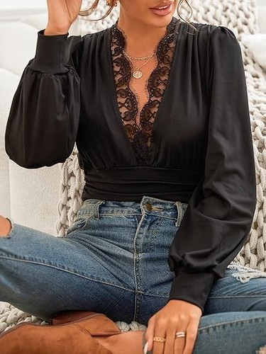 Sizes S & XL | Cupshe Lace Plunge V-Neck Long Sleeve Bodysuit / Blouse | CPE06 - Picture 2 of 6