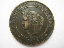 France 1874-K bronze 5 Centimes VF EKs