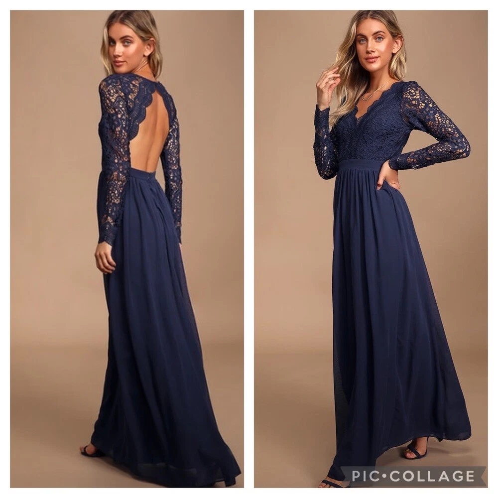 Awaken my love navy blue long sleeve lace maxi deals dress