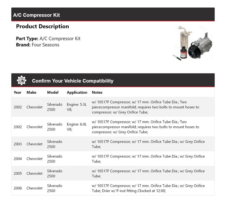 Kit compresor aire acondicionado Chevrolet Silverado 2500 2002-2006 4 estaciones 2003 2004 Foto 2 de 4