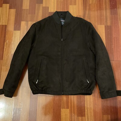 Roundtree And Yorke Dark Brown Polyester Bomber Flight Jacket Size Medium