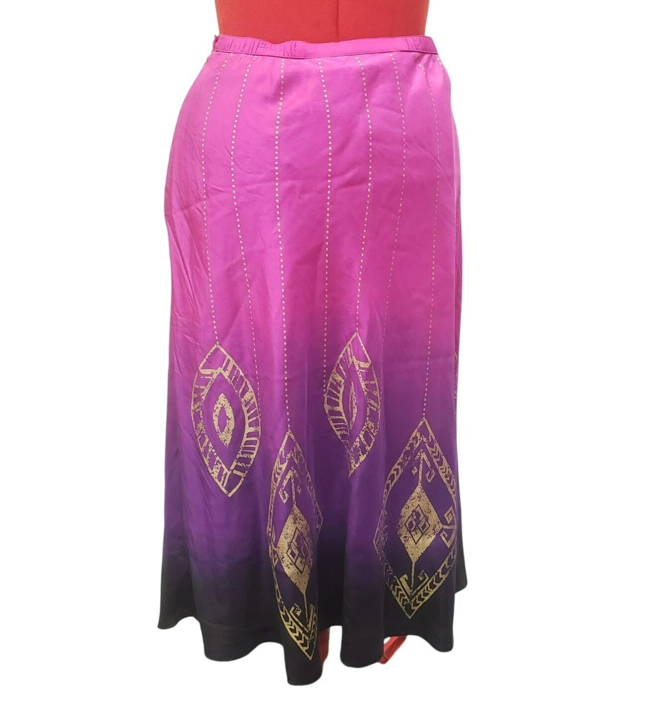 Chicos Tribal Rhythm Nellie Skirt, Size 1 Med, Pink Purple, Silk, Cotton lined