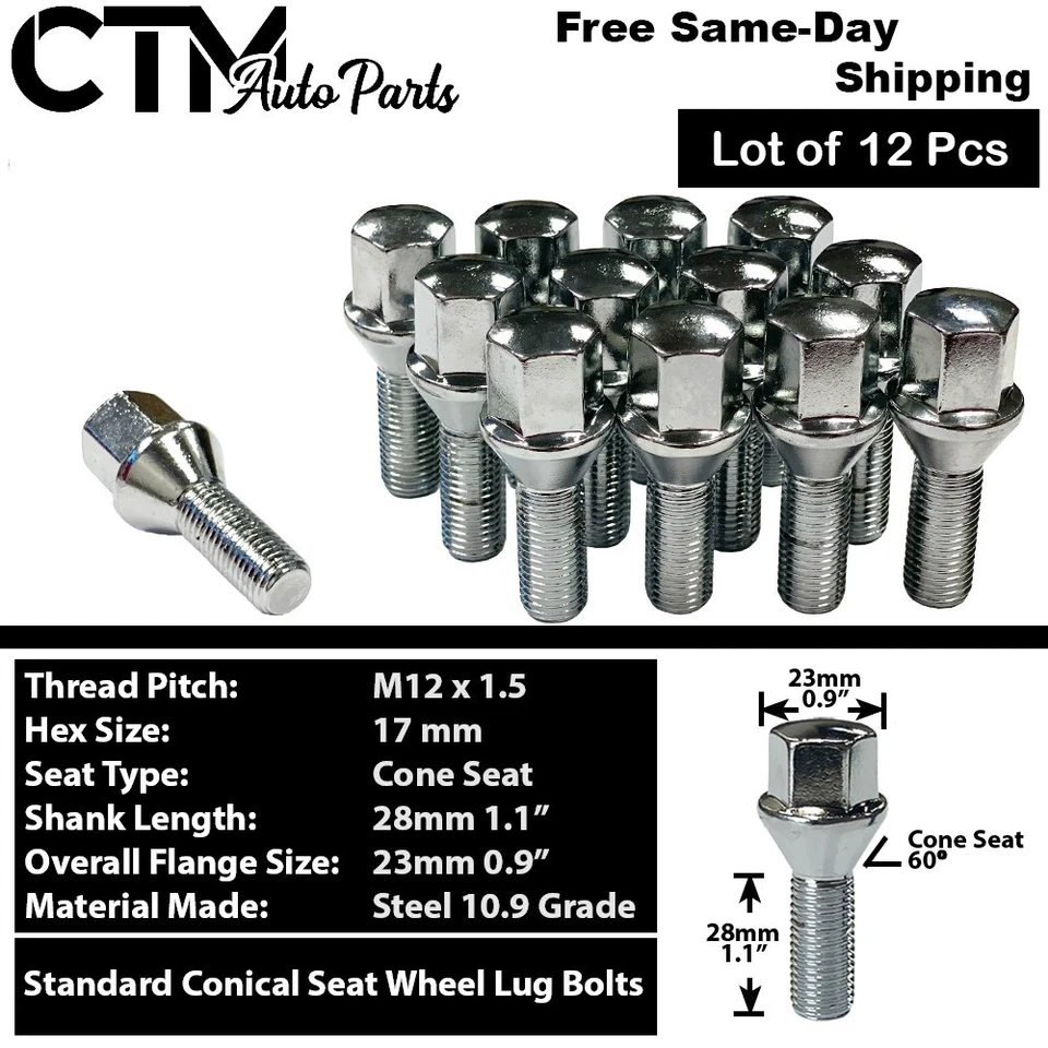 16x Chrome 12x1.5 Cone Seat Lug Bolt + Wheel Lock Set Plus Socket For All 4Wheel - Image 2 of 4