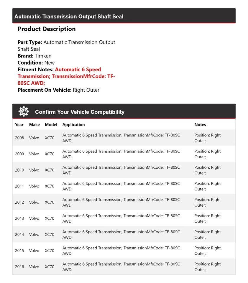 Уплотнение выходного вала автоматической коробки передач для Volvo XC70 2008-2016 годов выпуска правое наружное Timken 2009 - Изображение 2 из 4