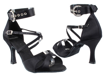 Black Satin, Jeweled Buckle Ankle Strap Latin Salsa Tango Very Fine Dance Shoes 