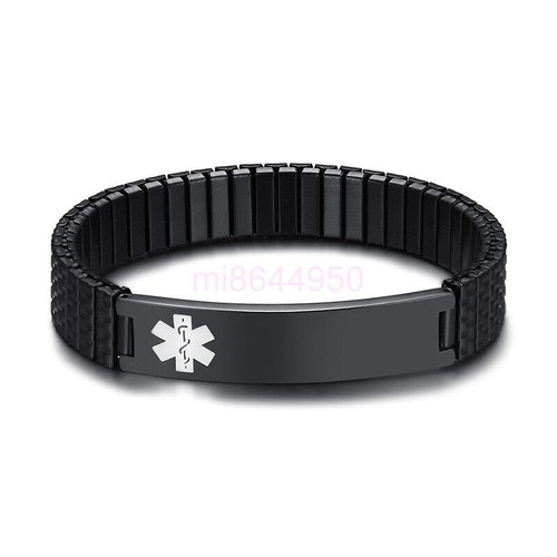 7" Spring Stretch Band Women Men Medical Alert ID Bracelet DIY Engraving Black - Picture 6 of 30