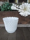 Vintage Anchor Hocking Fire-King Milk Glass Hobnail & Dash Round Planter