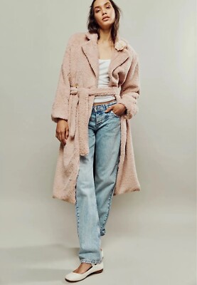 Free People Cuff It Mantel Teddy warm Gürtel Mantel Jacke rosa Damen UK S UVP 298£
