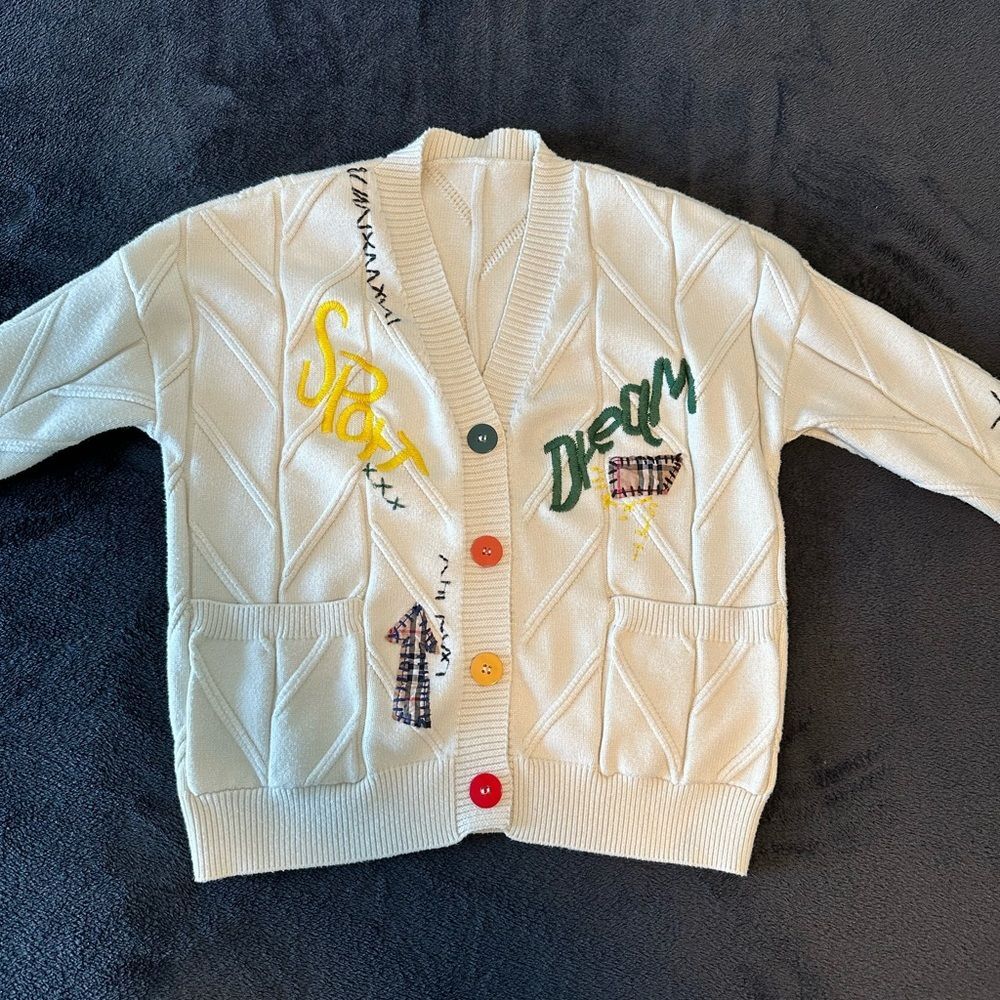 Ebossy Knitted Cardigan Cream Size M Patchwork Embroidery