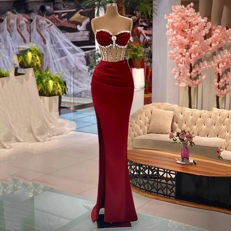chinese dress ladies Sweetheart Neckline Mermaid Gown Satin Formal Evening Dress with High Slit  & CDT813