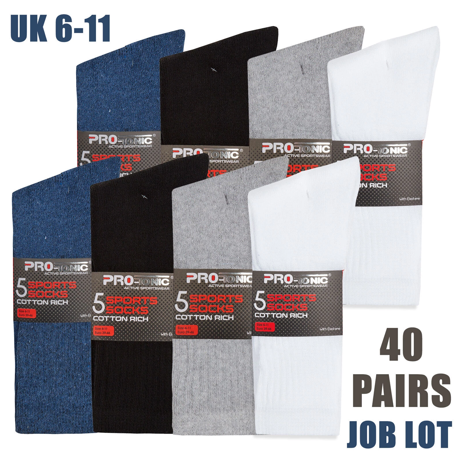 METZUYAN Mens 40 Pairs Cotton Rich Sports Socks Plain Black White Grey Size 6-11