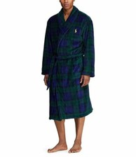 NWT RALPH LAUREN Big Polo Pony Plush Plaid Bath Robe Navy Blue Green L/XL