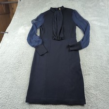Tory Burch Dress Womens M Blue Midi Sheer Sleeve Bling Knit Merino Wool Silk