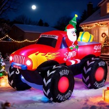 8 FT Long Santa in Monster Truck Christmas Inflatable Outdoor Decoration, Chr...