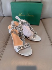 Lauren Lorraine Fay Silver Satin Rhinestone Strappy 3.5  Heels Size 5.5 NIB