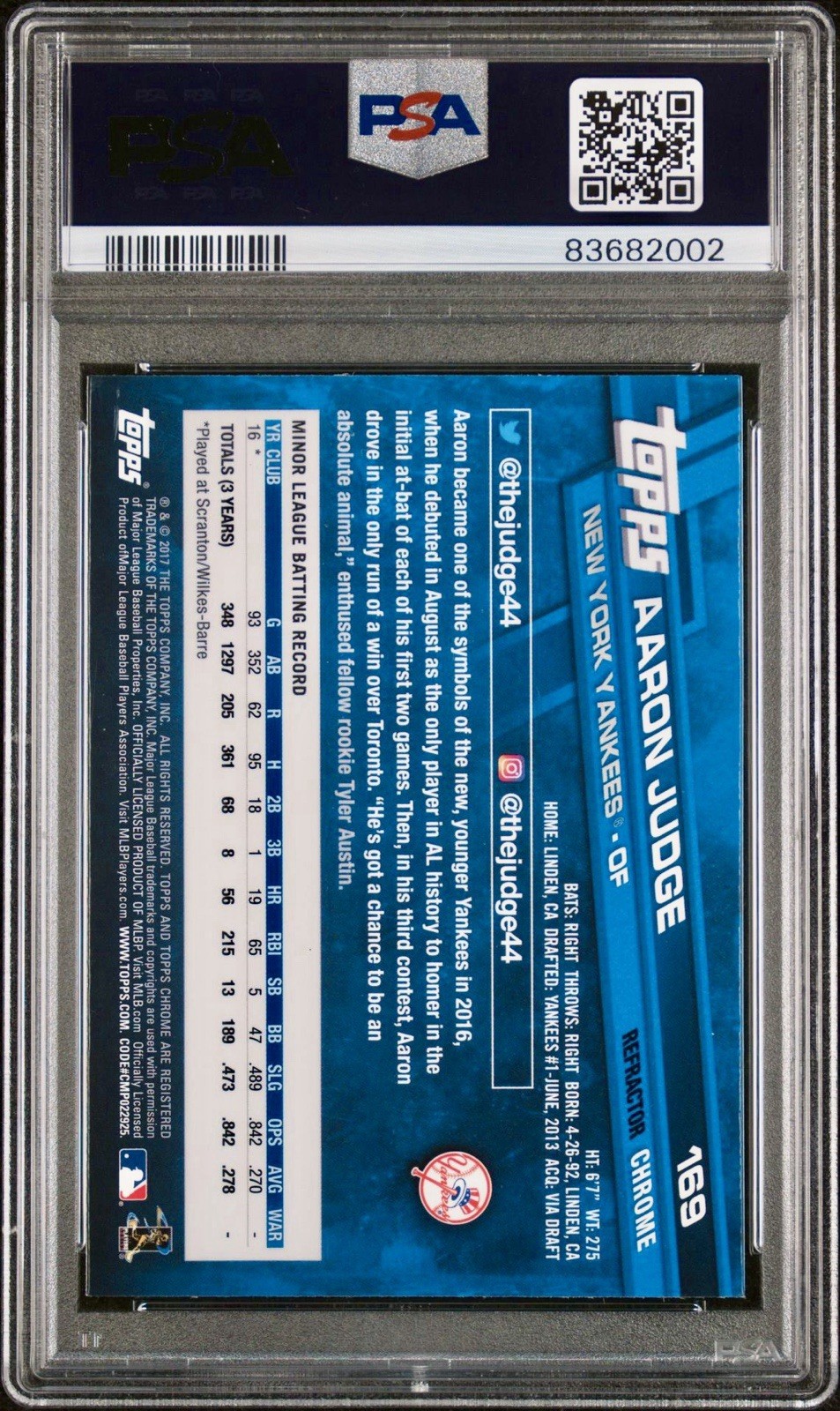 2017 Topps Chrome Aaron Judge Refractor #169 RC New York Yankees PSA 9 view 2