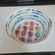 Round Rope Bowl 8"  Diam~ Handmade Pineapple Multi Color Blue Greens