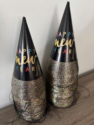 Happy New Year Party Hats 6 Count Black Multi-Color Glitter Cone Hats