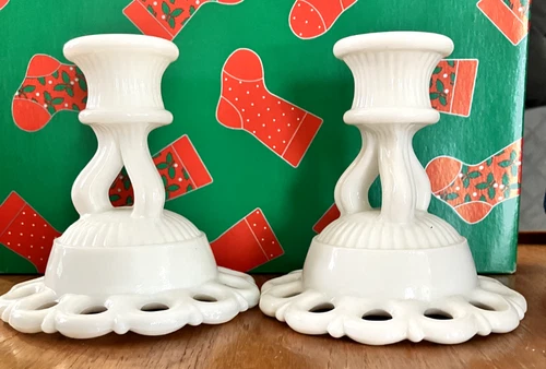 Vintage Westmoreland Doric Lace milk glass candle holders