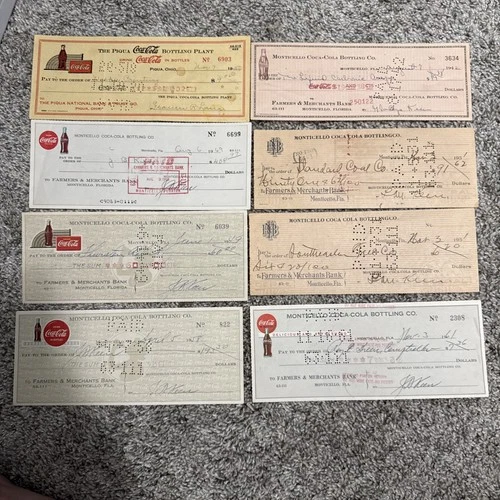 8 Coca-Cola Checks Monticello & Piqua Canceled Checks 1942-1969 Vintage