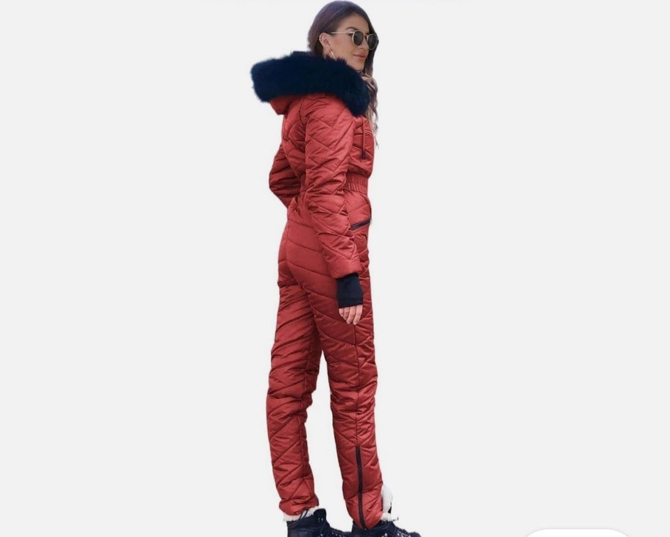 Monos de esquí para mujer Traje de nieve Cuello de piel extraíble Rojo borgoña 2XL Foto 3 de 4