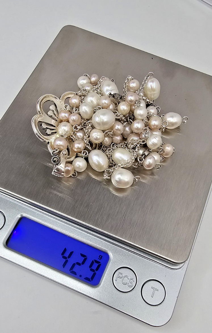 Sterling Silver Pearl stackable Necklace with Mar… - image 5