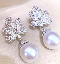 Fan Leaf Drop Earrings Imitation Pearl CZ Micro Pave Silver Tone Women Gift Brid