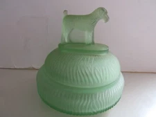 Depression Glass Green Satin Standing Terrier Vanity Powder Jar ~ L.E. Smith