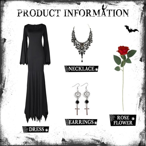 Costume Halloween Morticia Addams vintage gotico nero vestito lungo vestito donna - Foto 5 di 7