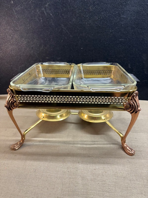 Double Chafing Dish Server on Stand Copper and Gold in Color Vintage no lid