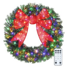 48in Pre-Lit Christmas Wreath for Front Door with 3D Red Bow