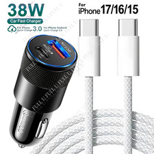 Dual USB-C Type C PD 38W Fast Car Charger Cable For iPhone 15Plus 16 17 Pro Max