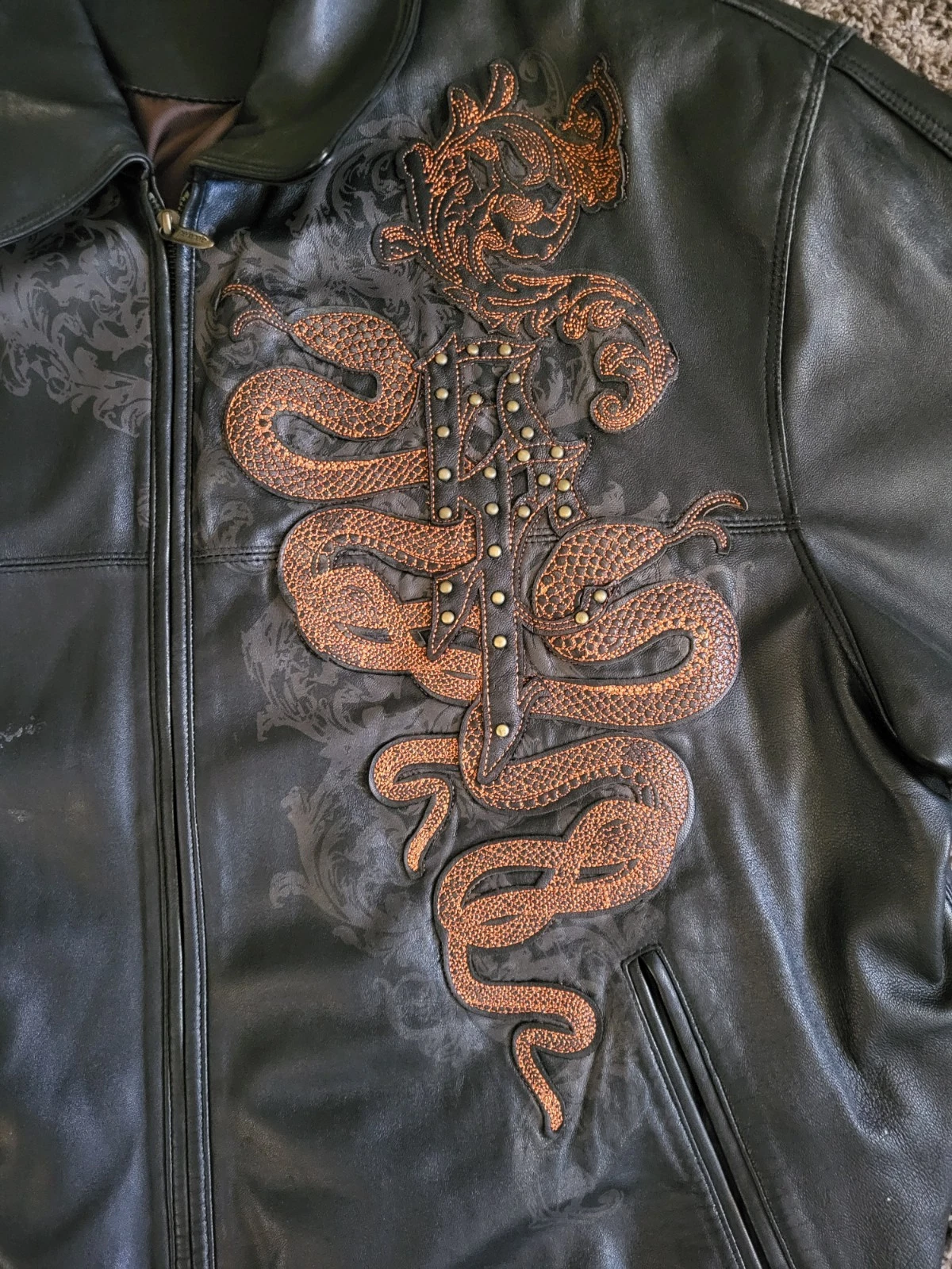 Pelle Pelle Marc Buchanan Leather Bomber Jacket Black/Brown 50 Lined Zip - product detail image 6