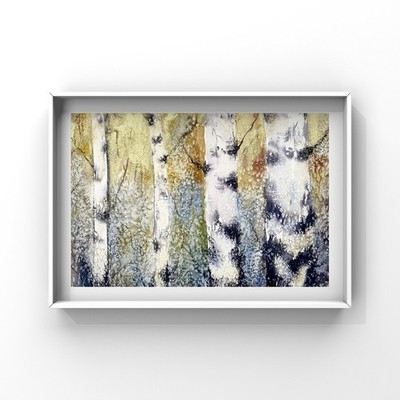 Unikat, Aquarell Gemälde mit Gold , Birken Landschaft, Wald, 45x61 cm