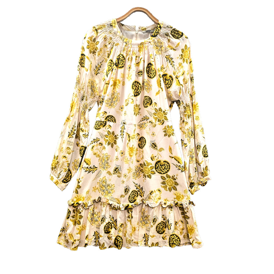 Thurley Dress Womens A-line Mini Size 10 Yellow Silk Floral Long Sleeve Smocked