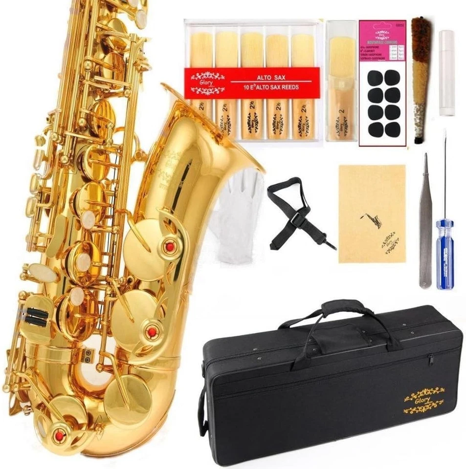 Saxofón alto plano profesional de laca dorada E con accesorios para todos los músicos Foto 3 de 4