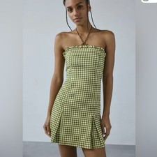 Urban Outfitters Margot Gingham Strapless Pleated Mini Dress Green Size XL NWT