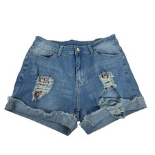 Distressed Denim Shorts Large Womens Blue Mid-Rise Stretchy Ripped Fringed Casua