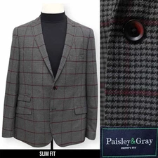 PAISLEY & GRAY mens gray red WINDOWPANE sport coat suit jacket blazer SLIM 46 R