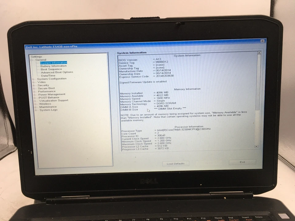 DELL LATITUDE E5430 - BOOTS TO BIOS - INTEL I3 3110M - NO RAM - NO OS -READ- BB - Image 2 of 4